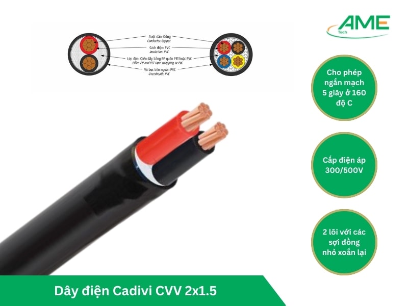 Thông số của dây điện Cadivi CVV 2×1.5