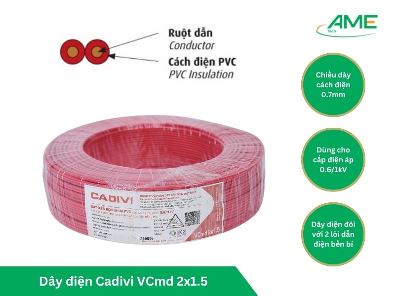 Thông số kỹ thuật của dây điện Cadivi VCmd 2×1.5