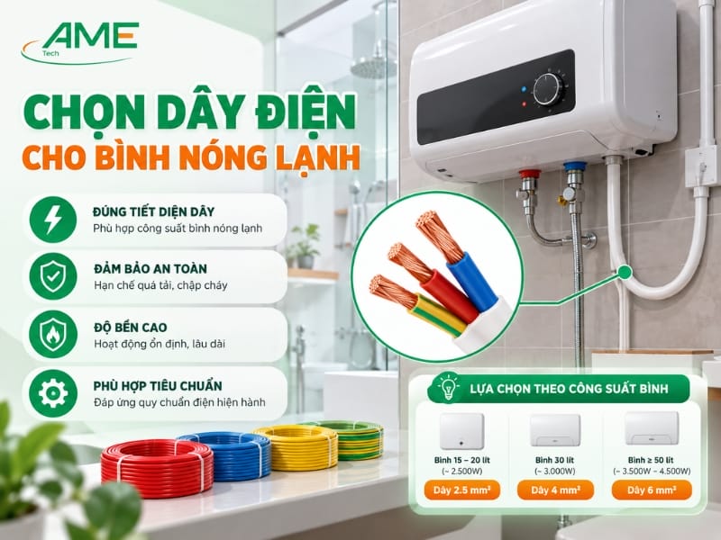 Chọn dây điện cho bình nóng lạnh an toàn, đúng tải